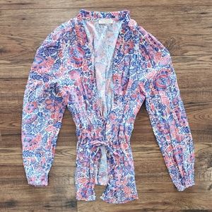 Lovestitch Women's Boho Chic Deep V-Neck Floral Long Sleeve Open Blouse Small S